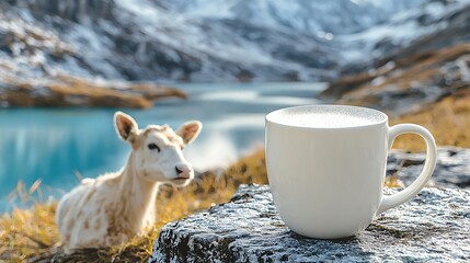 Fresh milk in a simple white mug placed on a stone surface, soft shadows cast by gentle overhead light, blurred mountain scenery with mist in the background, calm and soothing vibe