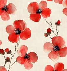 Fototapeta premium Seamless pattern with watercolor flowers on a beige background, a floral red and pink print for textile design or wall art decoration. Watercolor illustration of delicate red blossoms and leaves.