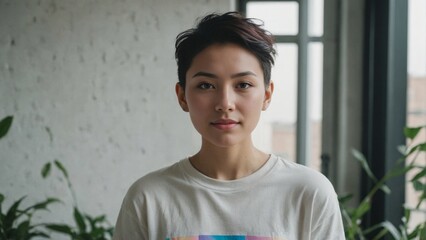Non-binary person, possibly of East or South Asian descent, sitting in a stylish loft with a rainbow pride flag displayed prominently