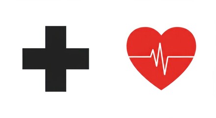 Icons representing health include a black medical cross and a red heart with a heartbeat line