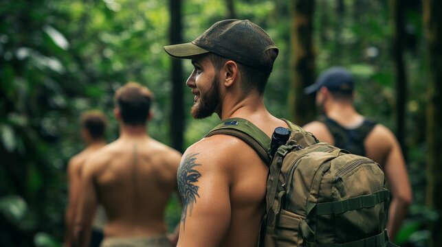Hiking in the rainforest with a guide a group of travelers with a local guide makes their way through the rainforest, interacting with the ecosystem, rare species of plants and animals along the way.