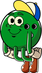 Happy Green Bowling Ball Sports mascot and slogans cartoon character in Vintage Style