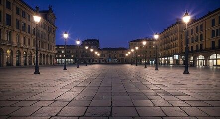 Obraz premium Empty city plaza at night streetlights casting a soft glow over the deserted stone floor