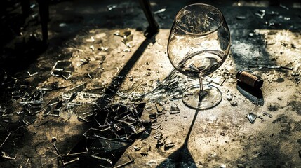 Shattered Wine Glass Amidst Fragments with Cork on Textured Floor