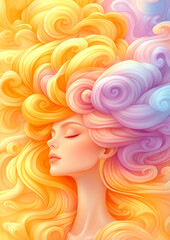 A woman with long, curly hair is depicted in a painting. The hair is a mix of yellow and pink, and the woman's face is serene and peaceful. The painting conveys a sense of calm and relaxation