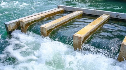 Water cascades over concrete structures with vibrant ripples and foam, perfect for illustrating aquatic engineering, environmental studies, or water flow in urban settings,