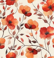 Seamless pattern with watercolor flowers on a beige background, a floral red and pink print for textile design or wall art decoration. Watercolor illustration of delicate red blossoms and leaves.