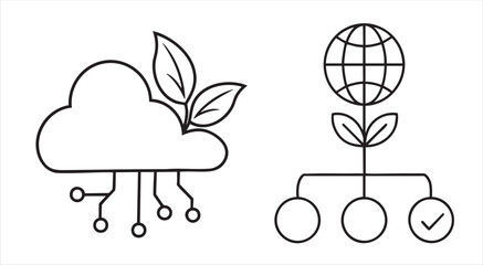 Net Zero Cloud computing and sustainability icons with leaves and globe elements.