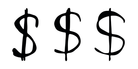 Hand drawn dollar currency symbol set Brush stroke doodle Single element for design