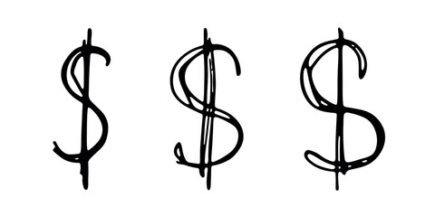 Hand drawn dollar currency symbol set Brush stroke doodle Single element for design