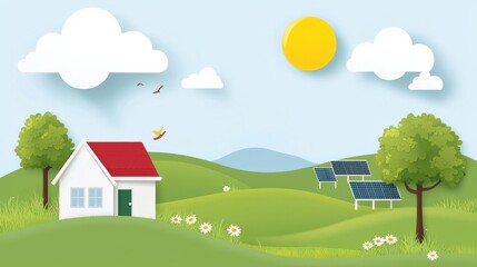 Fototapeta premium Animated House with Red Roof and Solar Panels on Green Hills under Sunny Sky