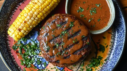 A grilled burger topped with sauce, accompanied by corn and a side of sauce.