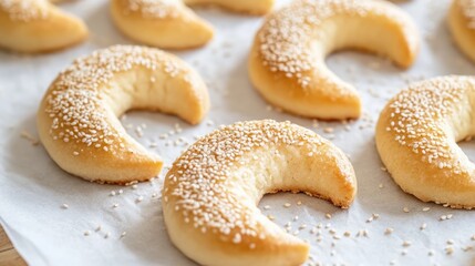 Golden Sesame Crescent Rolls: Homemade Baked Goods, Sweet Treats, Delicious Pastry, Crunchy Topping, Light Brown Color, Home Baking