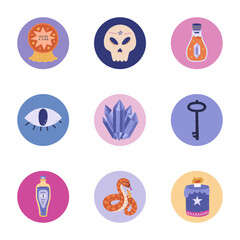 Cute mysterious round cover icons with magician elements for social media, blogs, business, branding. Highlights for stories with snake, human skull, key, magical liquid clipart in bright colors.