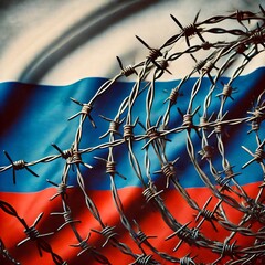 A Russian flag behind coils of sharp barbed wire, symbolizing restriction, tension, or conflict.