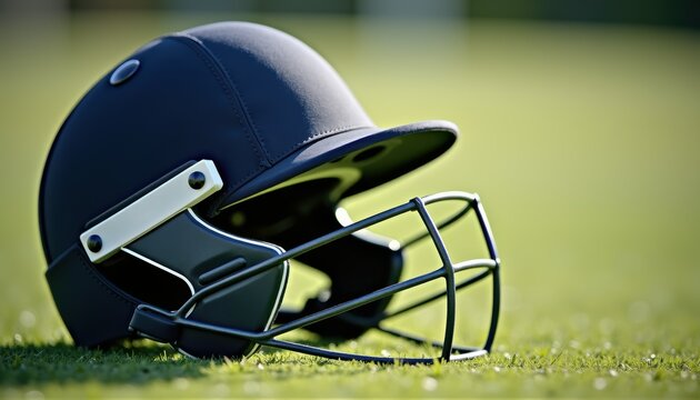 Close-up of navy blue cricket helmet with sturdy metal grille visor on grass pitch. International cricket tournaments and championships