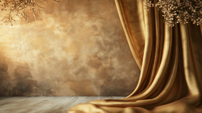  Luxurious golden fabric drapery against a textured gold wall perfect for elegant event decor, theatrical backdrops, and luxury branding. Copy space