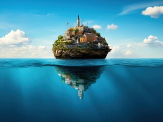 Floating Coastal Island City Scape Above and Below Turquoise Waters Under Blue Cloudy Sky