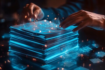 Futuristic IT interface, holographic technology display, glowing blue circular UI, hexagonal icons, data visualization