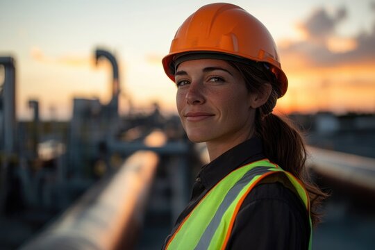 Confident worker stands near pipelines at sunset, showcasing ded