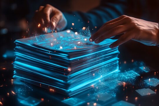 Futuristic IT interface, holographic technology display, glowing blue circular UI, hexagonal icons, data visualization