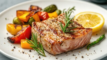 Grilled fish steak with roasted vegetables and lemon
