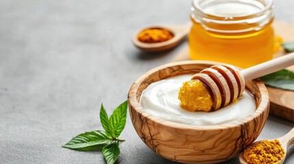 Fototapeta premium A wooden bowl filled with a homemade sunburn relief paste made with natural ingredients like aloe vera, herbs, and other soothing components for effective and gentle skin care.