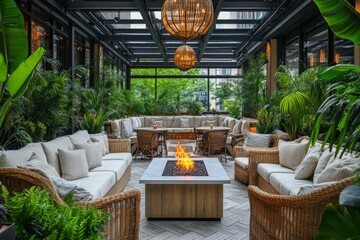 Fototapeta premium Tropical Outdoor Patio with Fireplace and Lush Greenery