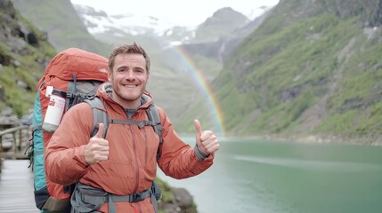 Backpacker trekking under a rainbow mountain adventure scenic view nature hike experience