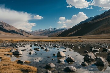 Naklejka premium Scattered rocks in a cracked dry lake bed with small water pools, surrounded by arid desert and distant mountains under a dramatic sky. Climate change and drought concept.