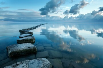 Stepping stones extending into calm reflective water under a cloudy sky. Peaceful landscape scene.