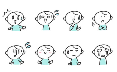 様々な表情のかわいい男性キャラクターのセット 驚く・焦る・笑う・泣く