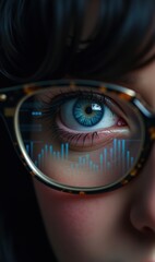 A close-up of a persons eye through glasses, reflecting digital data analysis, symbolizing insight and technology in business and data-driven decision-making.