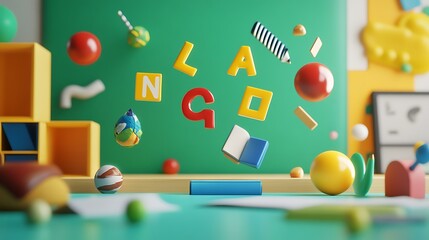 A 3D-rendered educational scene with a floating alphabet and school objects.