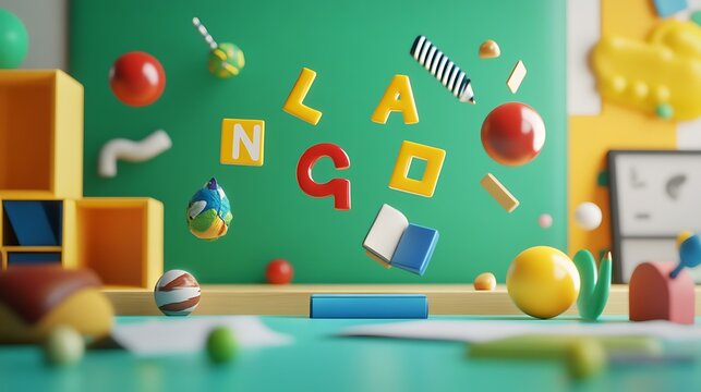 A 3D-rendered educational scene with a floating alphabet and school objects.