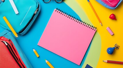 A back-to-school advertisement background featuring colorful school elements like notebooks, backpacks, pencils, and chalkboards, designed to create a fun and inviting atmosphere.