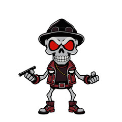 a skull emoji wearing a hat, jacket, and shoes, holding a gun in its hand.