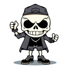 a skull emoji wearing a baseball cap, a leather jacket, and sneakers.