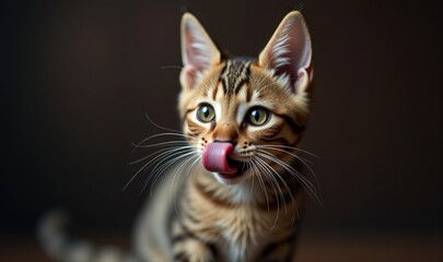 Obraz premium Adorable close-up of a playful Bengal kitten with its tongue out, capturing its curious expression and unique markings. Perfect for pet and animal-related projects.