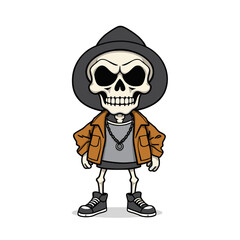 Skull emoji wearing a hat, jacket, and sneakers.