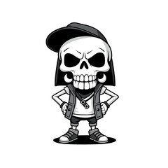 a skull emoji wearing a baseball cap, a t-shirt, and sneakers.