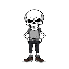 a skull emoji wearing a gray shirt, black pants, and brown shoes.