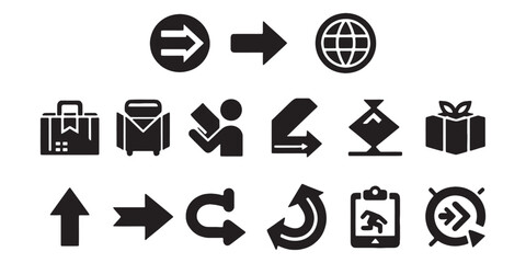 Set of 16 Black Solid Icons for Download, Upload, and Data Transfer white background
