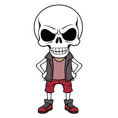 a skull emoji wearing a leather jacket, red pants, and red shoes.