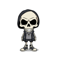 a skull wearing a hoodie, with a stern expression and a necklace around its neck.