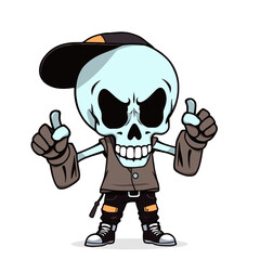 a skull emoji wearing a baseball cap, giving a thumbs up gesture, and holding up two fingers.