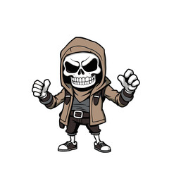 a cartoon character with a skull-like face, wearing a hooded jacket, and giving a thumbs-up gesture.