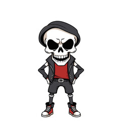 a skull emoji wearing a hat, a leather jacket, and red shoes.