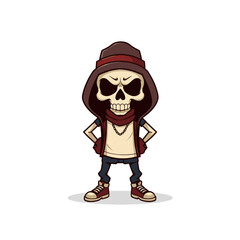 a skull wearing a hoodie, scarf, and sneakers, with a stern expression on its face.