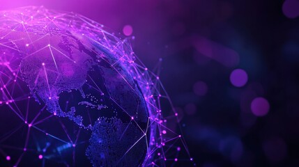 Blockchain technology futuristic hud ultraviolet background with world globe and blockchain polygon peer to peer network. Global cryptocurrency block chain violet business banner concept - copy space